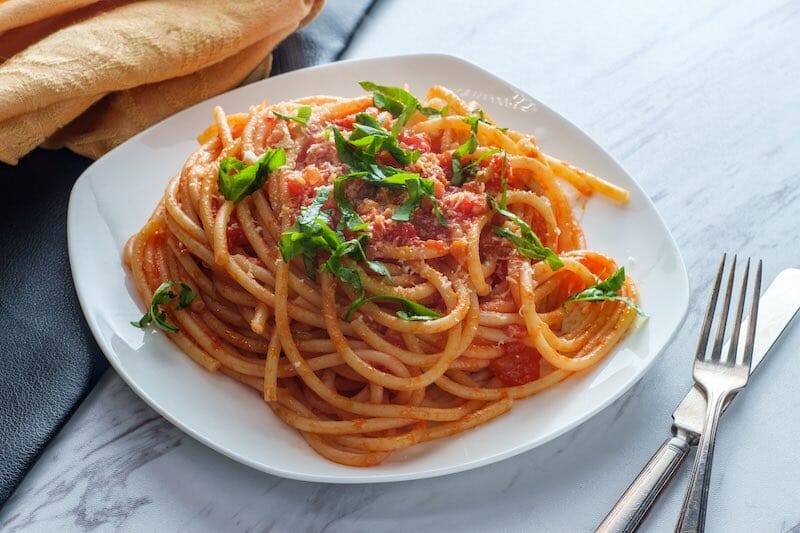 legume pasta and red sauce plant-based